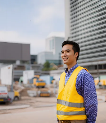 Man in veiligheidshesje op een bouwplaats in de opleiding Assetmanagement bij Habeo+.