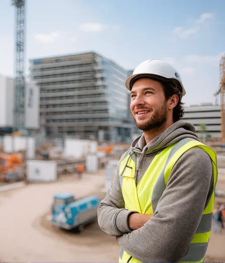 Mannelijke BIM professional op de bouwplaats tijdens de opleiding BIM engineering bij Habeo+.