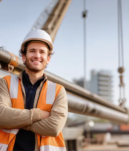 Pipeline engineer met veiligheidskleding op een bouwplaats tijdens de opleiding Fase 2 van Master of Pipeline Technology bij Habeo+.