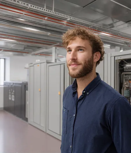 Mannelijke engineer met blauwe blouse in een technische ruimte tijdens de opleiding Hogere installatietechniek voor werktuigkundige installaties fundamentals (HIT-W fundamentals) bij Habeo+.