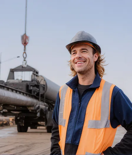 Mannelijke pipeline engineer met helm en veiligheidshesje in de opleiding Masterclass Pipeline Technology - Ontwerp (MPT) bij Habeo+.