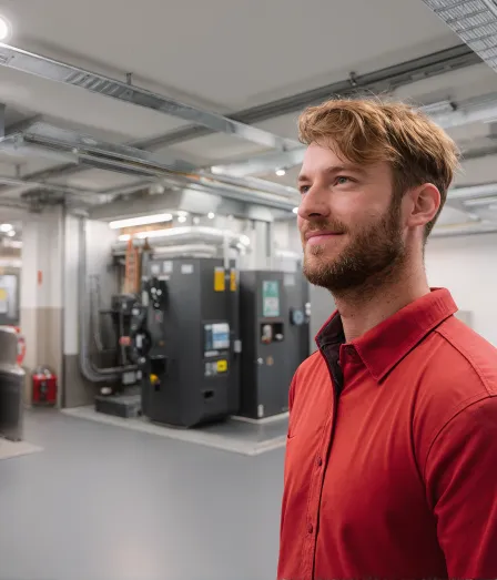 Mannelijke technicus gebouwautomatisering in een technische ruimte na het volgen van een opleiding bij Habeo+.