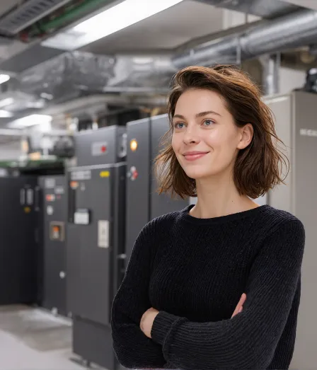 Vrouwelijke engineer in een technische ruimte tijdens de opleiding Hogere installatietechniek voor elektrotechnische installaties fundamentals (HIT-E fundamentals) bij Habeo+.