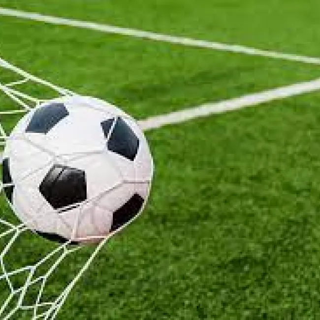 Voetbalveld met voetbal die in de goal ligt