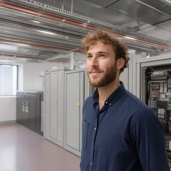 Man met een blauwe blouse in een technische ruimte in de opleiding Basiscursus installatietechniek bij Habeo+.