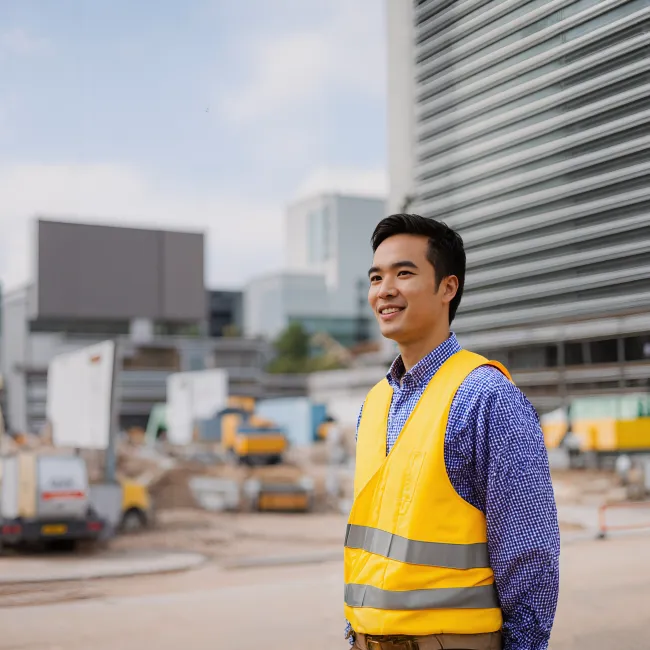 Man in veiligheidshesje op de bouwplaats tijdens de opleiding Introductie energietransitie en duurzaam wonen bij Habeo+.