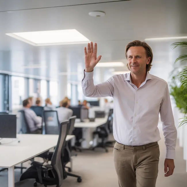 Man die mensen begroet op kantoor en de opleiding Operational auditing volgt bij Habeo+.