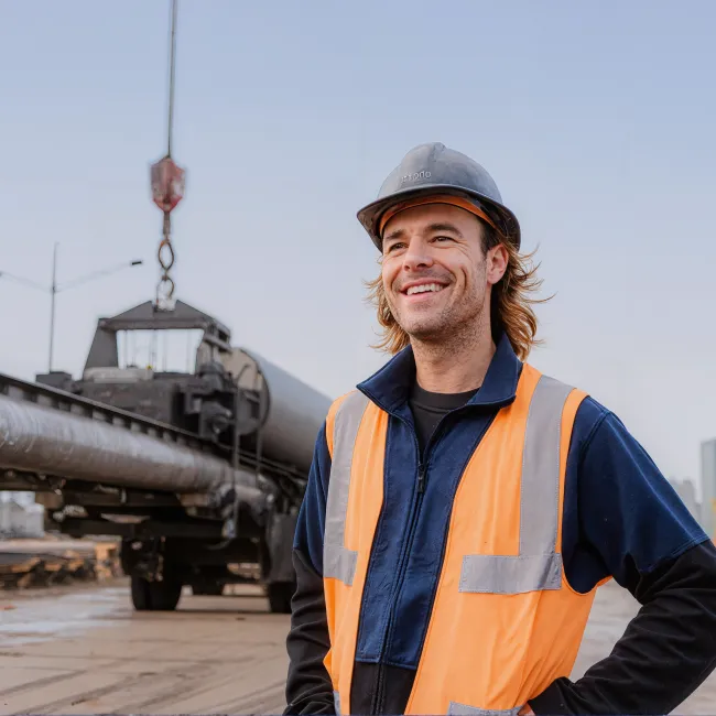 Mannelijke pipeline engineer met helm en veiligheidshesje in de opleiding Masterclass Pipeline Technology - Maatschappelijke inpassing (MPT) bij Habeo+.
