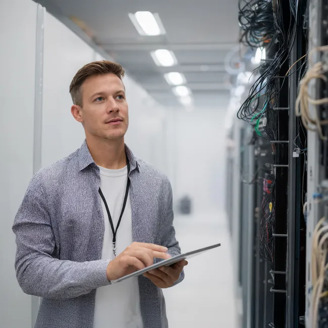 Man in een technische ruimte in de opleiding Cybersecurity voor OT systemen - Techniek bij Habeo+