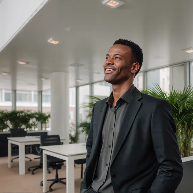 Man in pak in kantooromgeving tijdens de opleiding Postbachelor Controller bij Habeo+.
