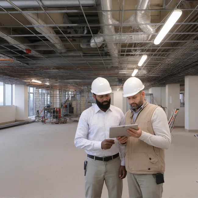 Twee mannen in overleg met helm op de bouwplaats voor de opleiding Contractmanagement bij Habeo+.