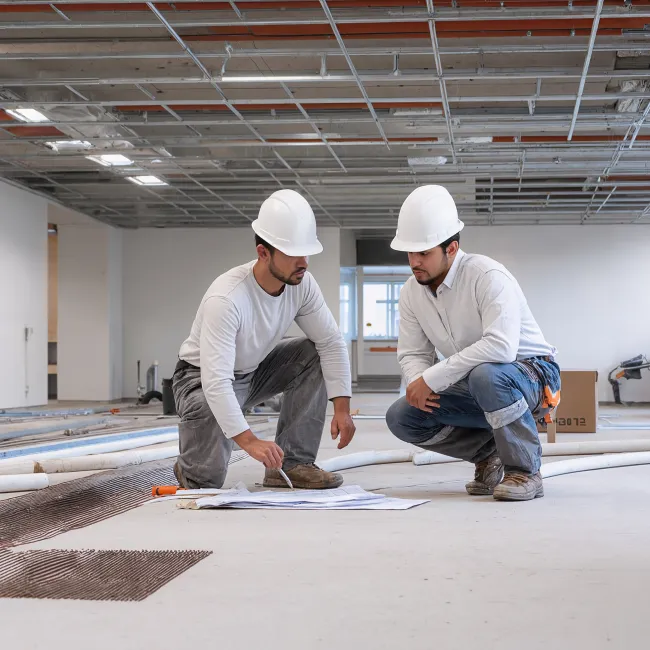 Overleg tussen twee bouwvakkers op een bouwplaats voor de opleiding Maintenance management industrie