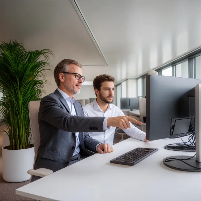 Overleg tussen twee financials voor de opleiding Postbachelor Financial controller bij Habeo+.