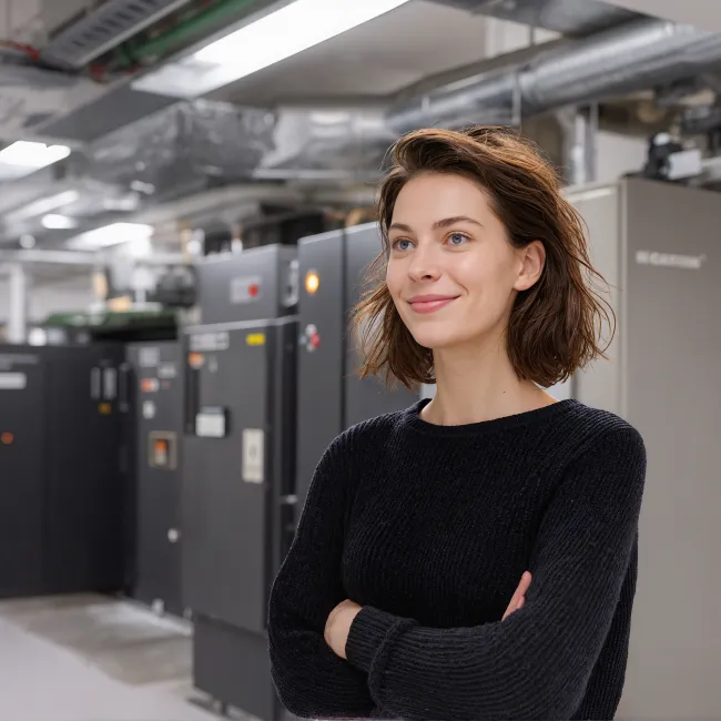 Vrouwelijke engineer in zwart shirt in een technische ruimte tijdens de opleiding Hogere installatietechniek voor werktuigkundige installaties (HIT-W) bij Habeo+.