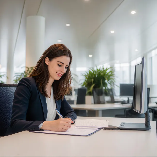 Vrouw aan het werk achter de laptop op kantoor voor de opleiding Masterclass Risicomanagement bij Habeo+.
