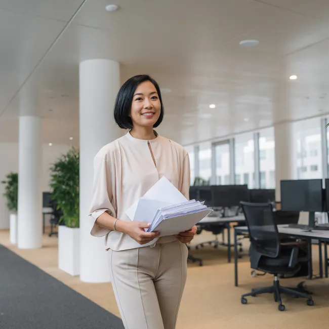 Lopende vrouw in een kantooromgeving in de opleiding Postbachelor Controller bij Habeo+.