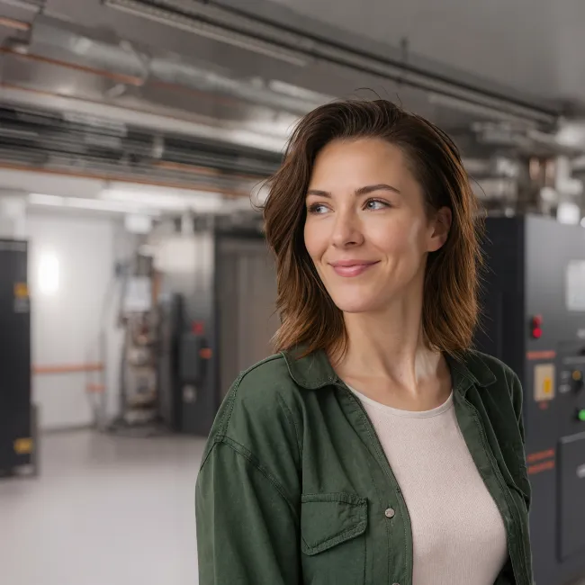 Vrouwelijke projectleider in een technische ruimte tijdens de opleiding Projectleider installatietechniek bij Habeo+.