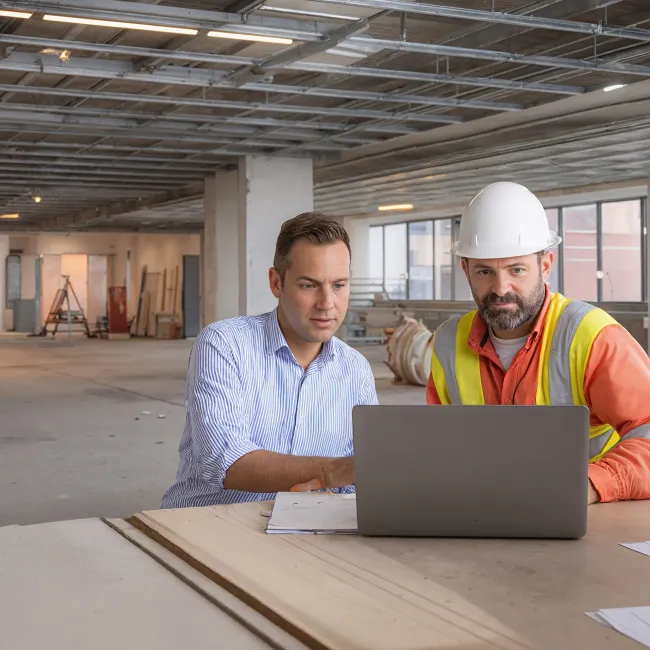 2 personen in gesprek op een bouwplaats tijdens een Techniek & Bouwopleiding bij Habeo+