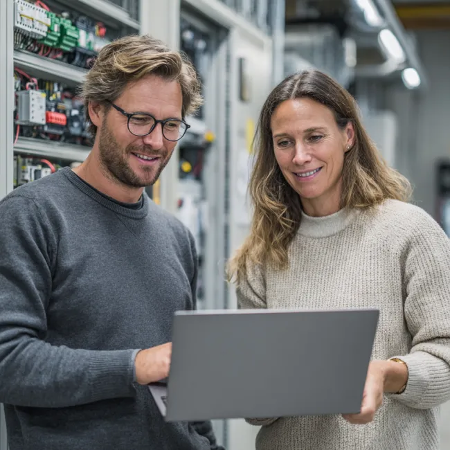 Man en vrouw in technische ruimte die samenwerken tijdens de beste installatietechniek opleiding van Habeo+.