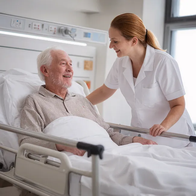 Verpleegkundige bij oudere man in bed